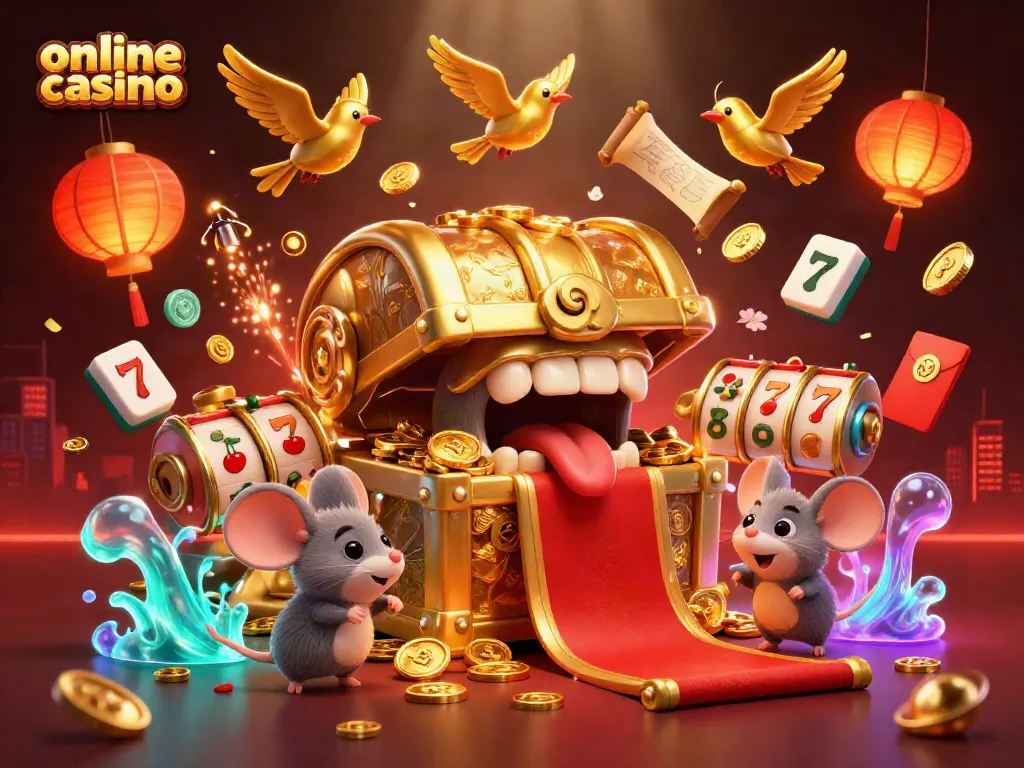 Play exciting games and win at this vibrant online casino scene filled with treasures and luck.