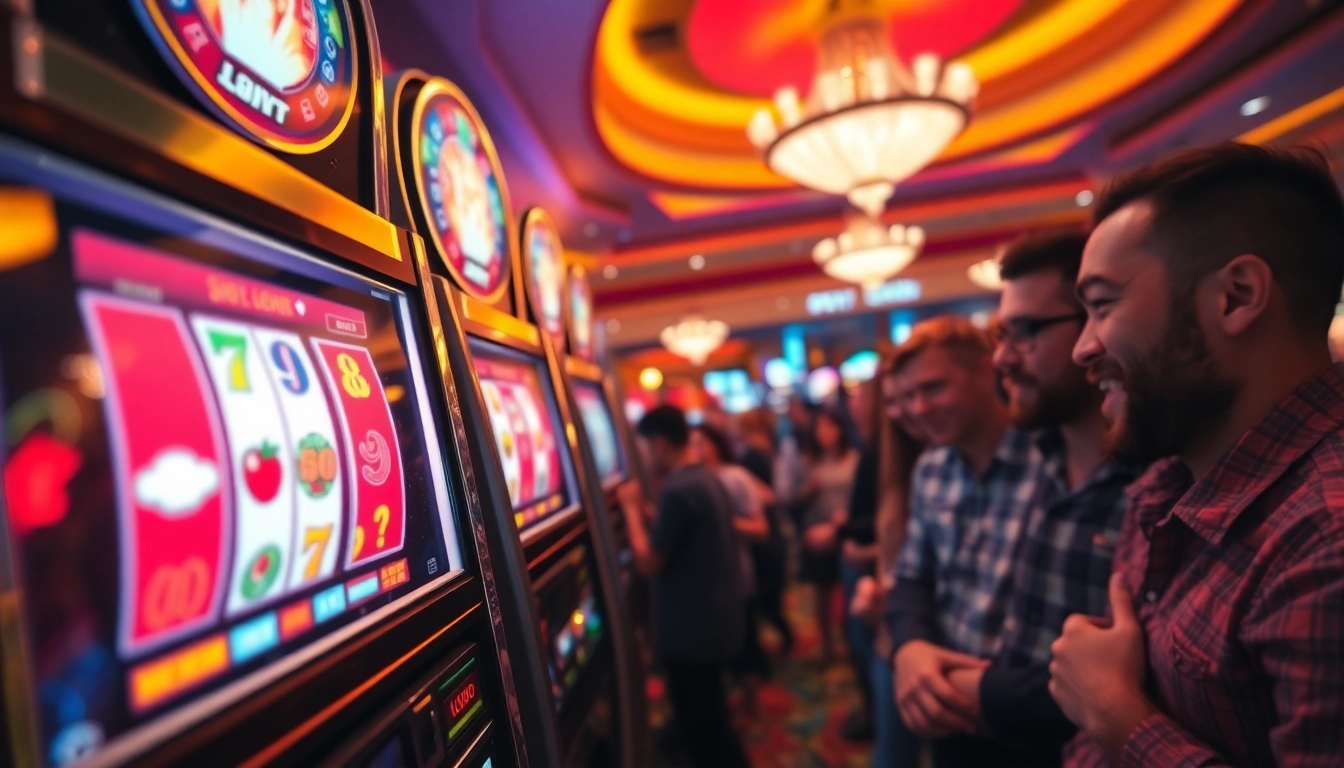 Exciting slot gambling experience with vibrant machines and enthusiastic players in a casino.