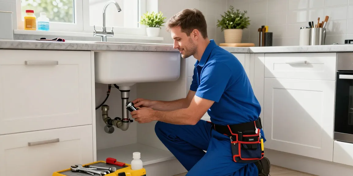 Plumber in Stevenage working under kitchen sink, showcasing tools and bright modern kitchen atmosphere.