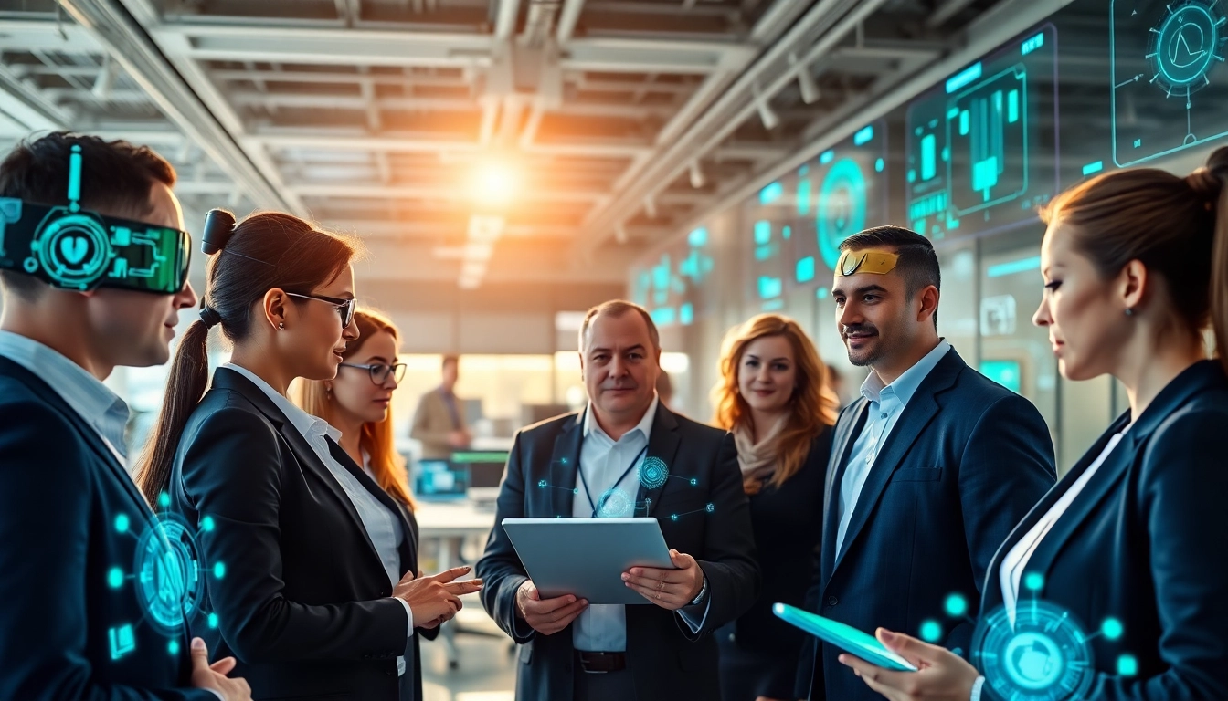 AI agents collaborating with advanced tools in a modern office environment.