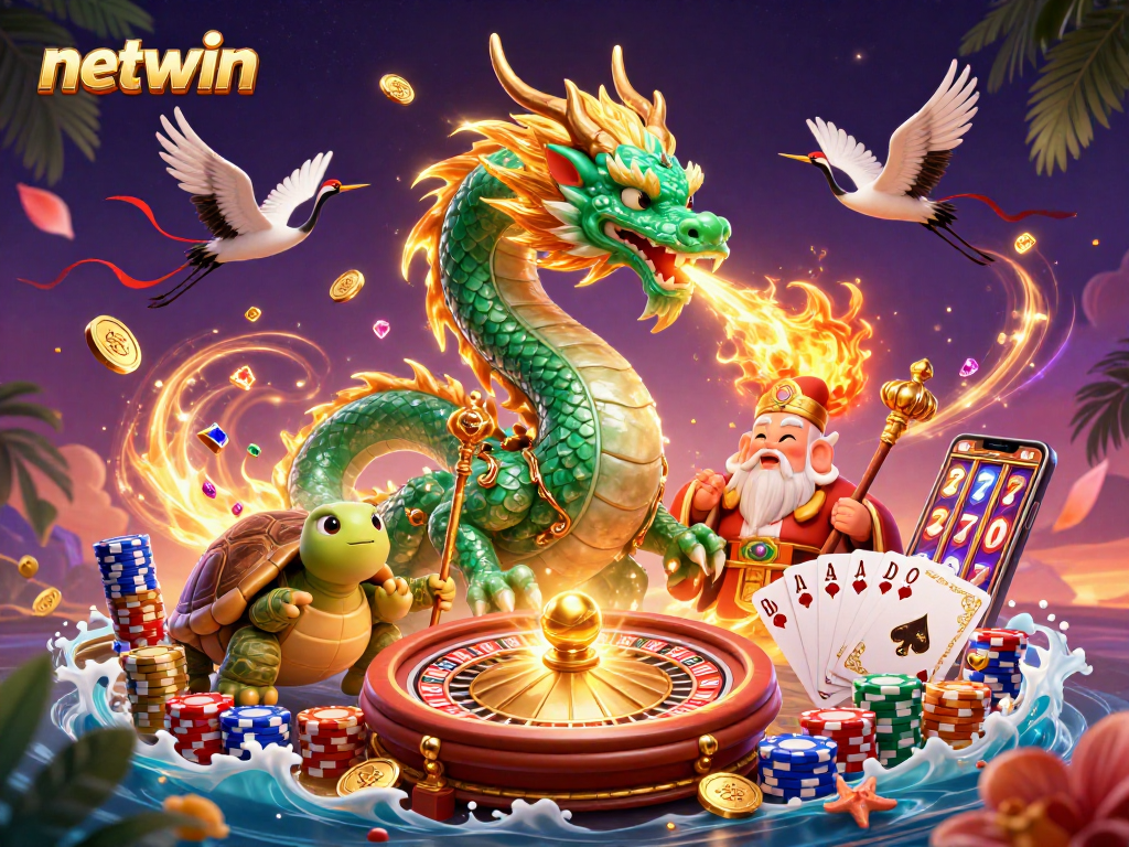 Experience the magic of netwin with a jade dragon, turtle sage, and lucky cranes in a vibrant casino scene.