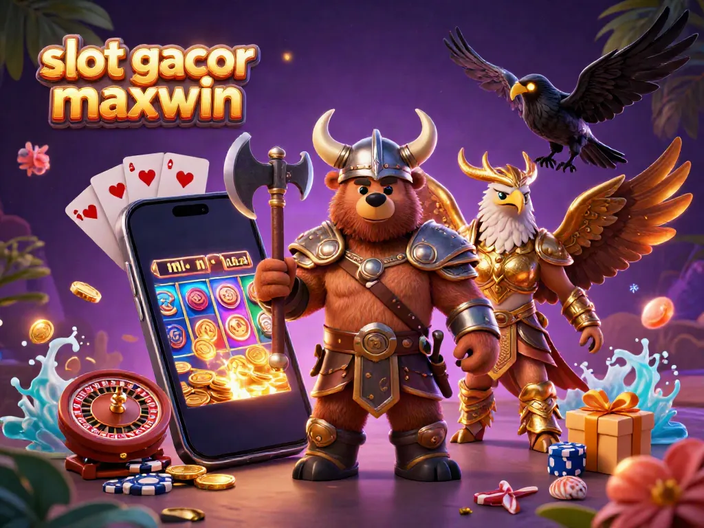 Visualisasi permainan slot gacor maxwin dengan karakter viking dan elemen kasino yang menarik.