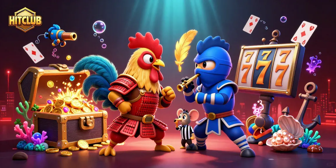 Engage in thrilling gameplay at HITCLUB with cartoon fighting roosters clashing amidst a vibrant casino scene.