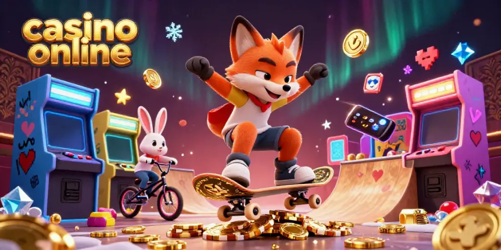 Energetic scene featuring a skateboarder fox and BMX rabbit in a vibrant casino online setting.