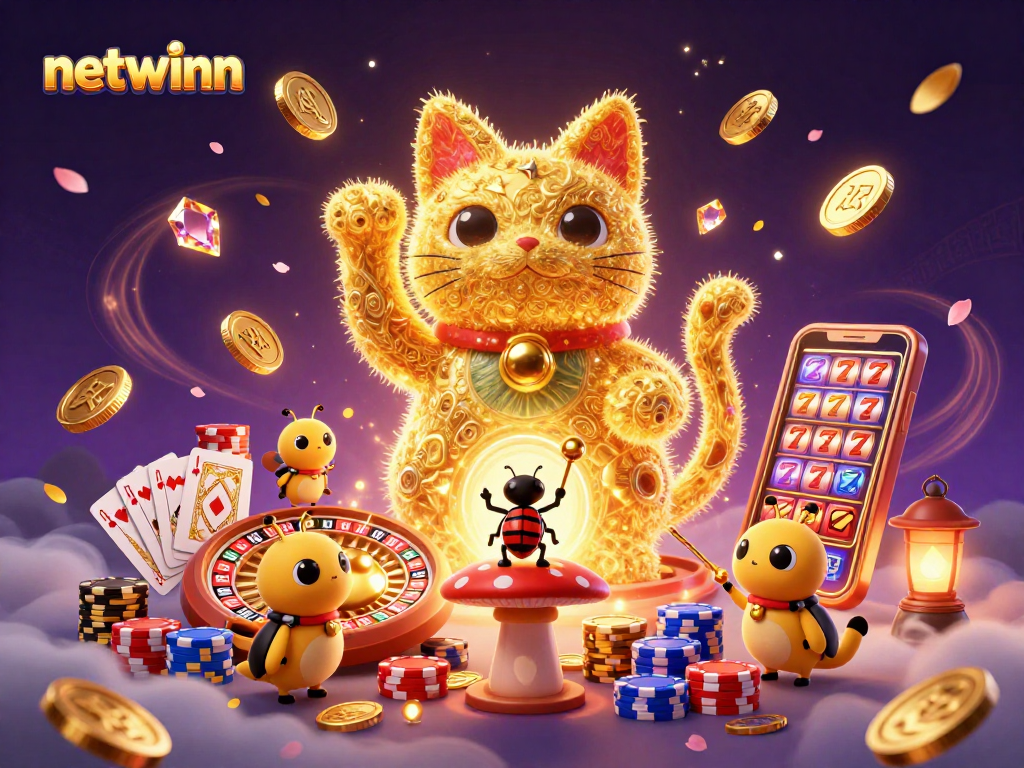 Experience the thrill of netwinn with a vibrant illustration of a lucky cat surrounded by dynamic casino symbols.