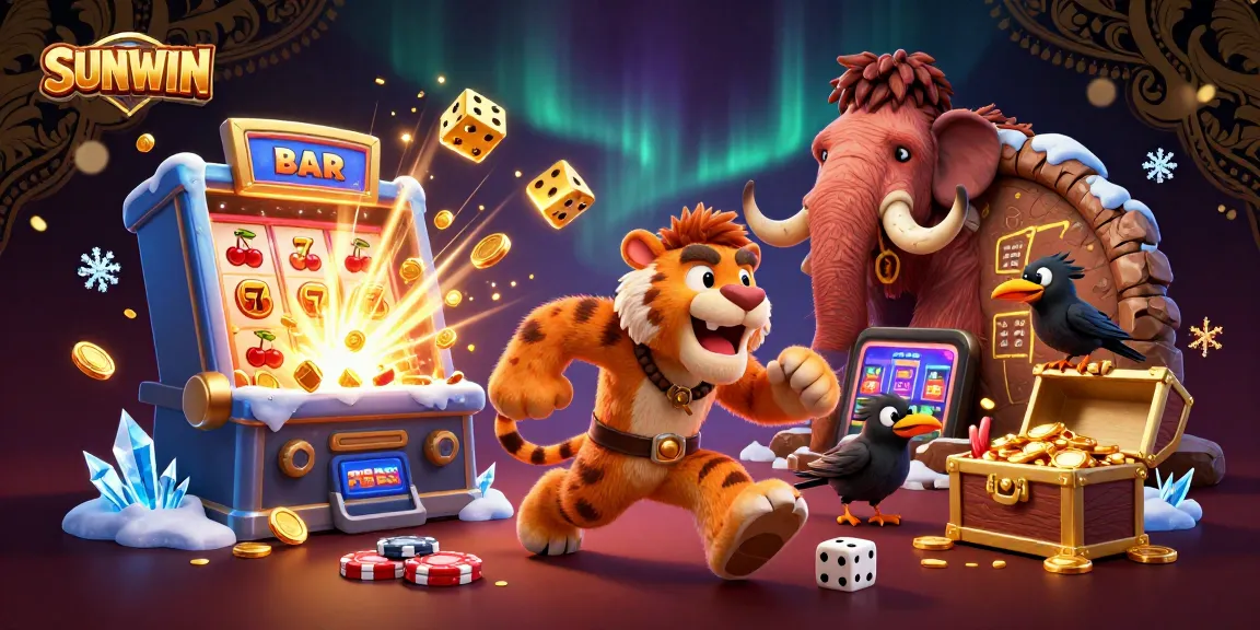 SUNWIN attracts players with immersive mega jackpot casino scene featuring lively characters and vibrant elements.