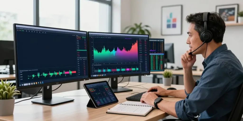 MetaTrader 5 trading platform displayed on multiple monitors in a modern office with a focused trader analyzing market data.
