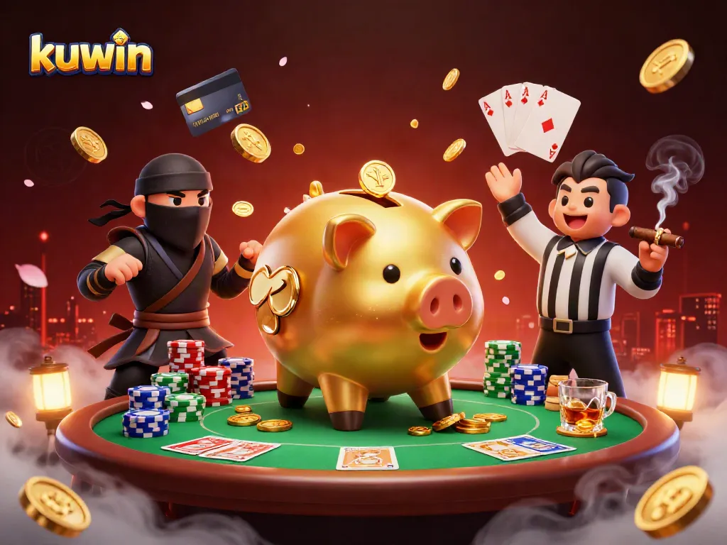 Kuwin's golden piggy bank sumo wrestler celebrates a big win with gold coins at a festive poker scene.