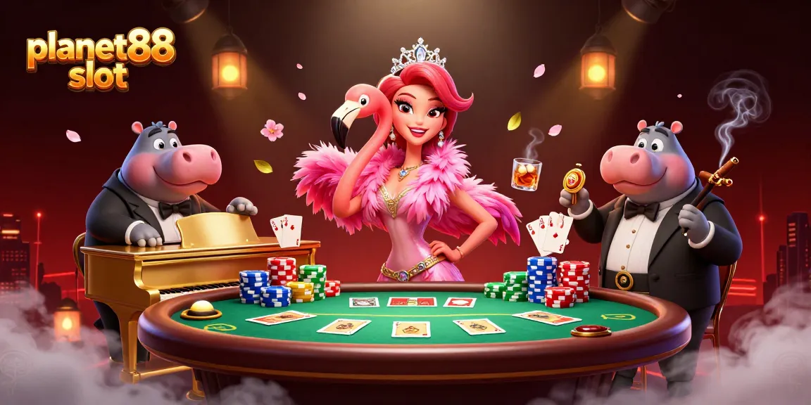 Experience the thrill of the planet88 slot with vibrant characters at a lively casino scene.