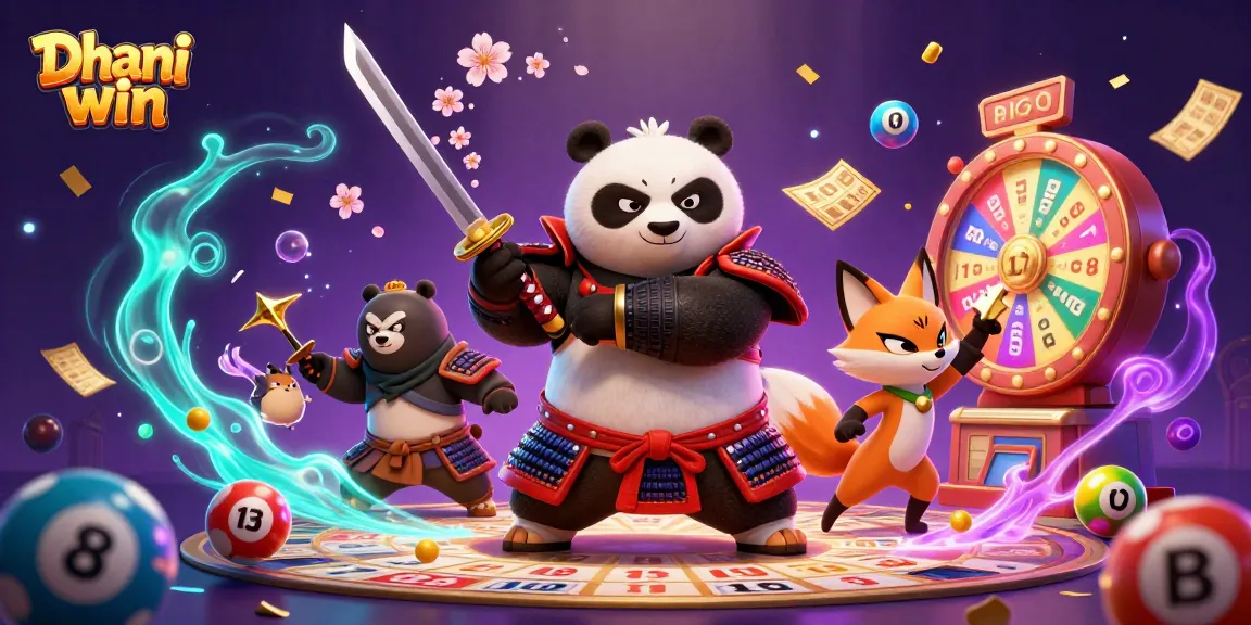Dhani win offers engaging lottery games with a dynamic scene of a cartoon panda, fox, and tanuki surrounded by colorful gaming elements.
