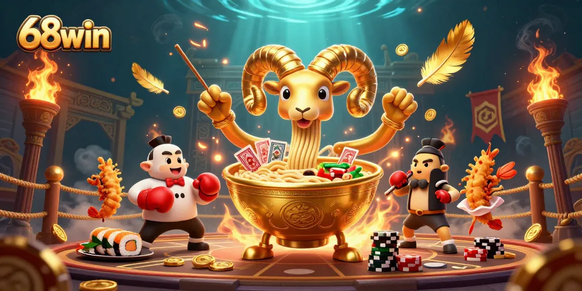 Engage with 68win's vibrant gaming scene featuring cartoon characters and dynamic casino elements.
