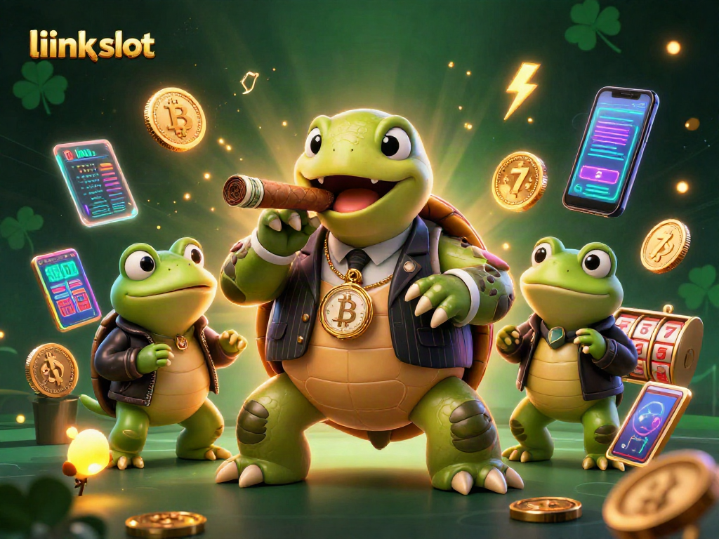 Engage with the link slot experience featuring a 3D snapping turtle in a casino scene with slot elements.