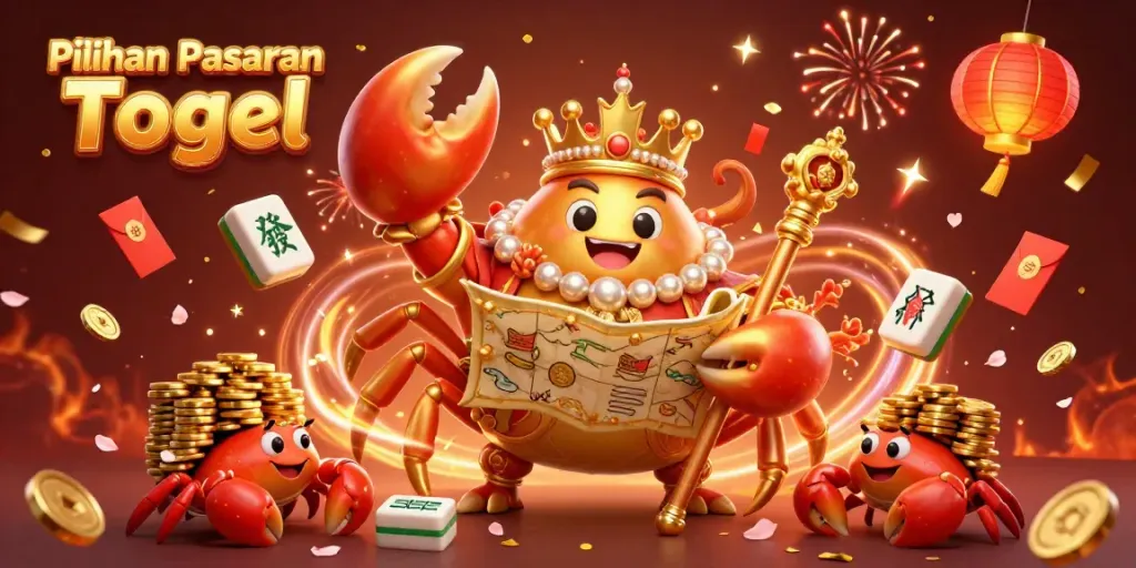 Engage in Pilihan Pasaran Togel with a vibrant illustration of a golden crab emperor celebrating with treasure