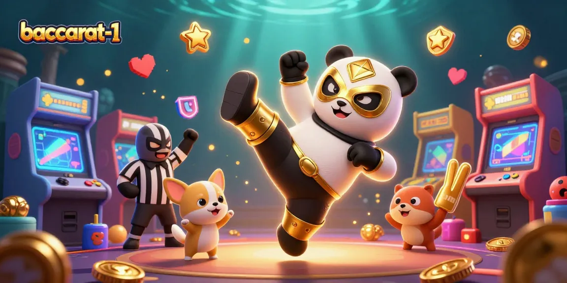 Baccarat-1 brings excitement with a dynamic panda wrestler and animated crowd in a colorful casino scene.