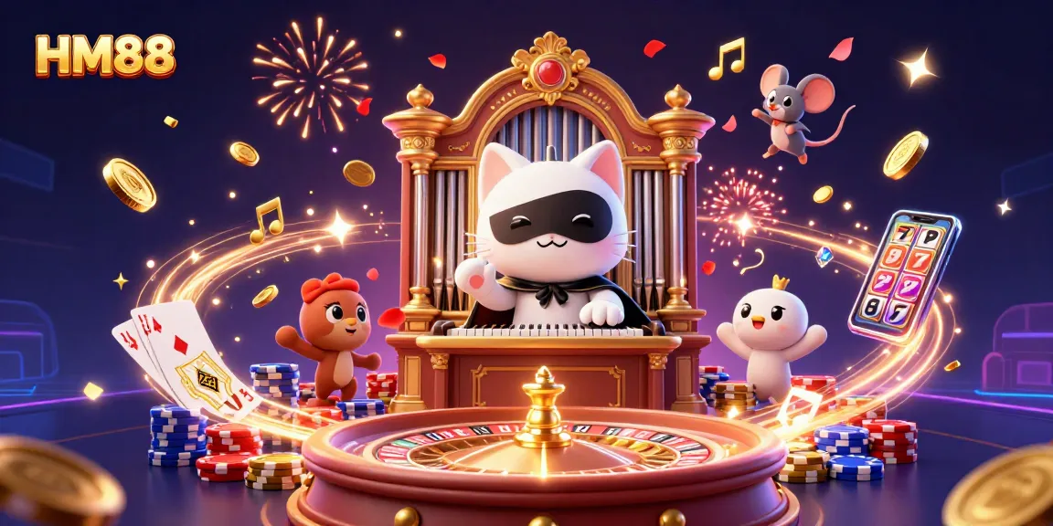 Join the fun at HM88 with a thrilling casino scene featuring vibrant characters and game elements.