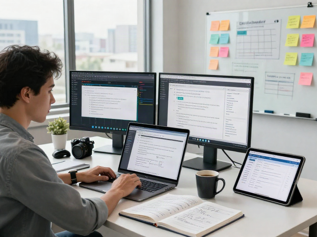 Document fraud detection solution analysis in a professional tech workspace with monitors displaying fraud detection analytics.