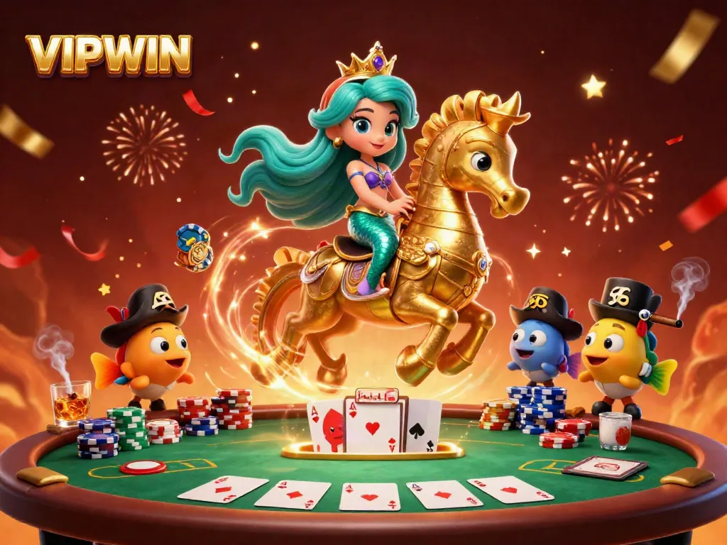 Experience VIPWIN with a vibrant casino scene featuring mermaid characters at a poker table.