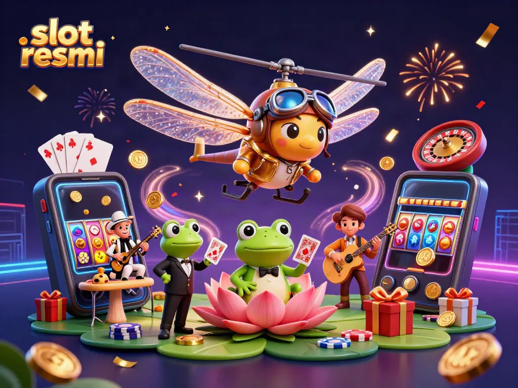 Permainan slot resmi dengan karakter unik di kasino, dikelilingi koin dan kartu.