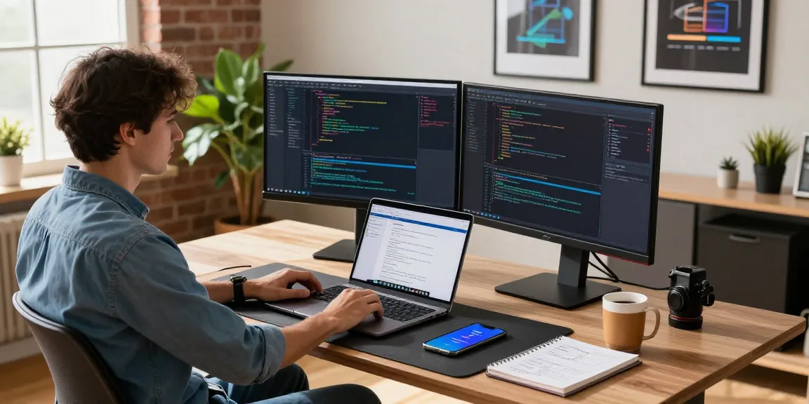 Focused developer at a modern tech workspace using https://www.bdtjl.app/ to create software with dual monitors.
