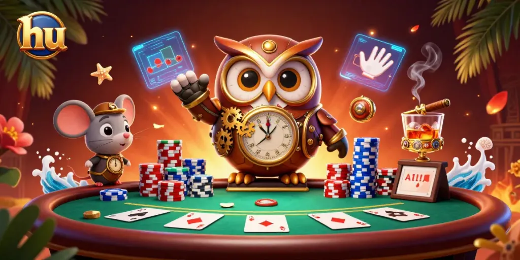 Engage in thrilling poker action at hu with a steampunk owl and vibrant casino elements.