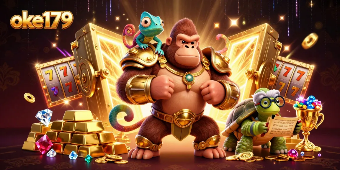 Engage with thrilling games at oke179, featuring a powerful king, a chameleon spy, and a tortoise elder in a vibrant casino scene.
