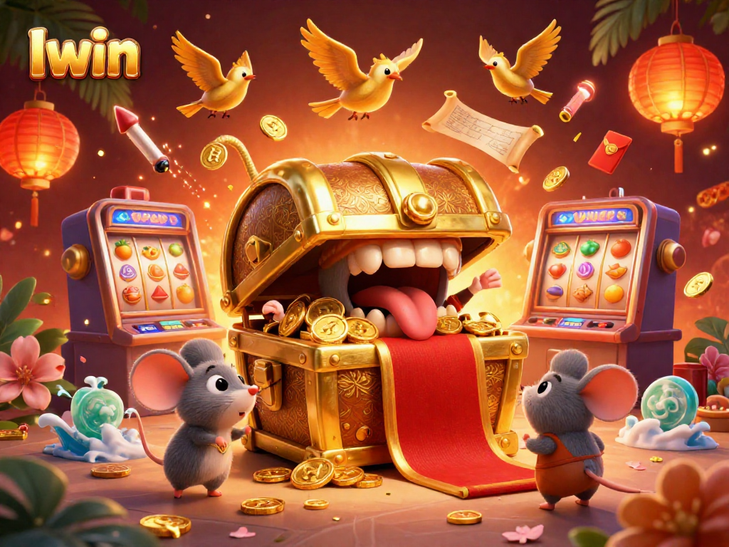Iwin attracts gamblers with vibrant slot machines and treasure chest characters, showcasing rich rewards.