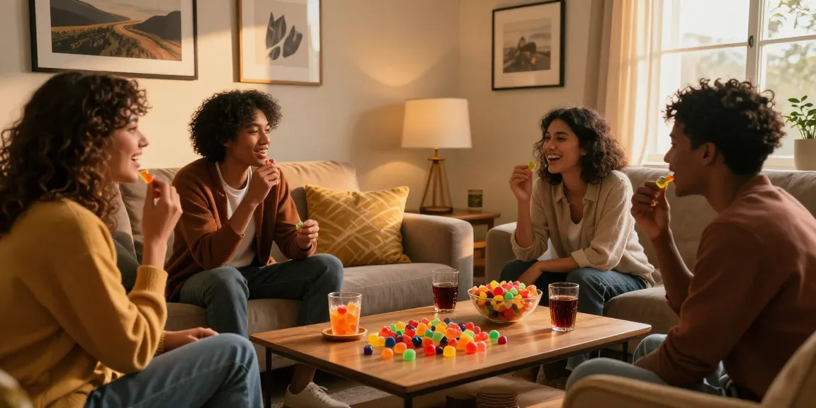 Friends enjoying the best THC gummies in a cozy living room environment, emphasizing relaxation and social engagement.
