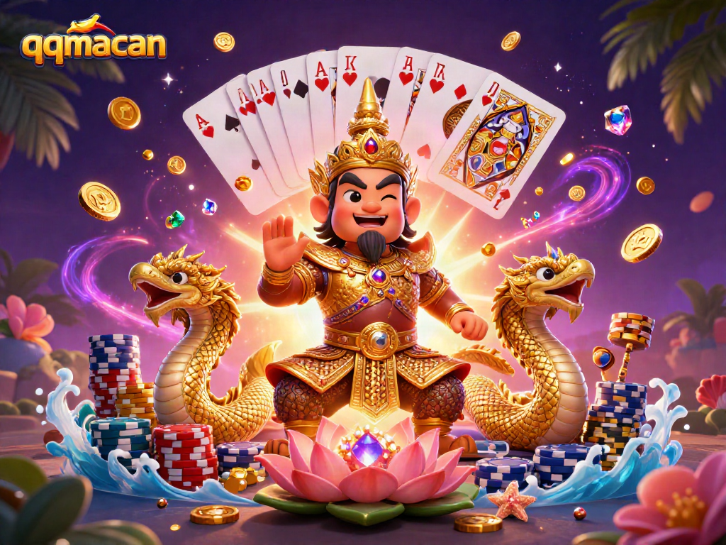 Engage with qqmacan's thrilling slots as gold coins and gems cascade in a dynamic casino scene.