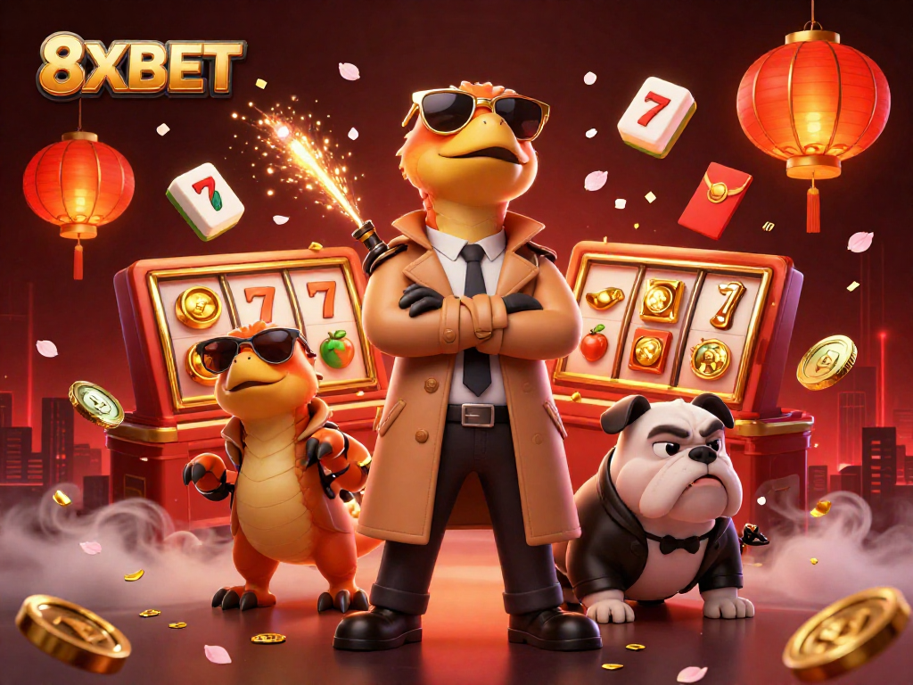 Experience the fun of slot gaming with 8XBET's vibrant casino scene featuring thrilling characters.