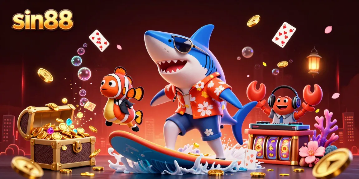 Experience the thrill of sin88 with a dynamic scene of a shark and clownfish among shimmering gold coins.