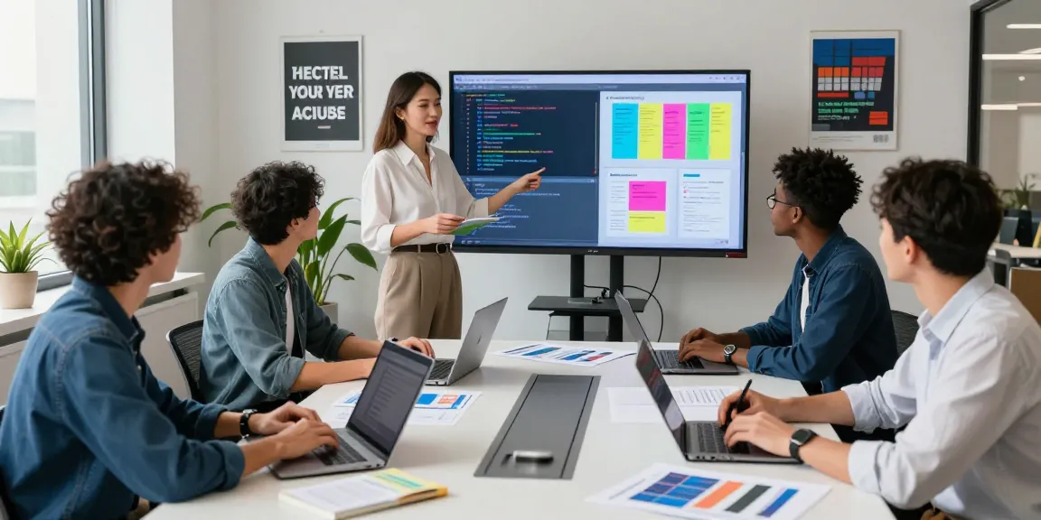 Collaboration at software development workspace with diverse team members focused on project presentation related to https://www.www456bd.com/