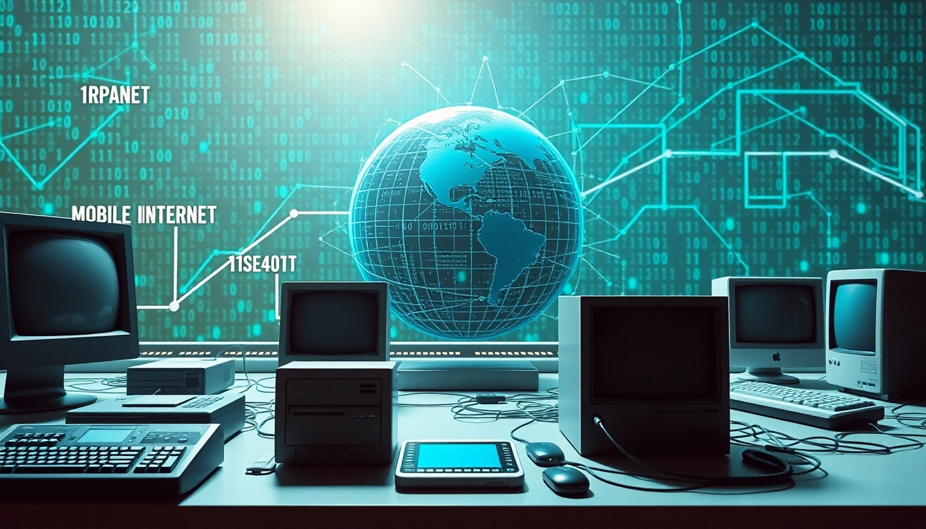 Visual representation of internet history's evolution highlighting key milestones.