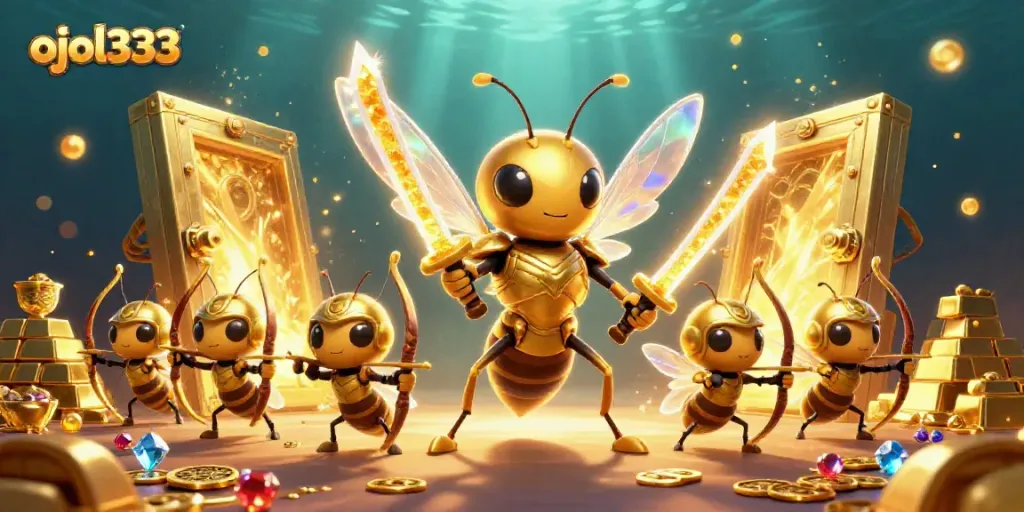 Engage with thrilling action at ojol333 with a 3D illustration showcasing golden treasures and samurai elements.