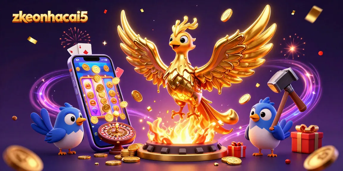 Experience the thrilling world of zkeonhacai5 with dynamic casino elements and a golden phoenix in action.