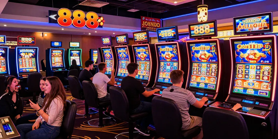 Exciting 888 slot gaming atmosphere with players enjoying vibrant digital casino games, showcasing modern gambling excitement.