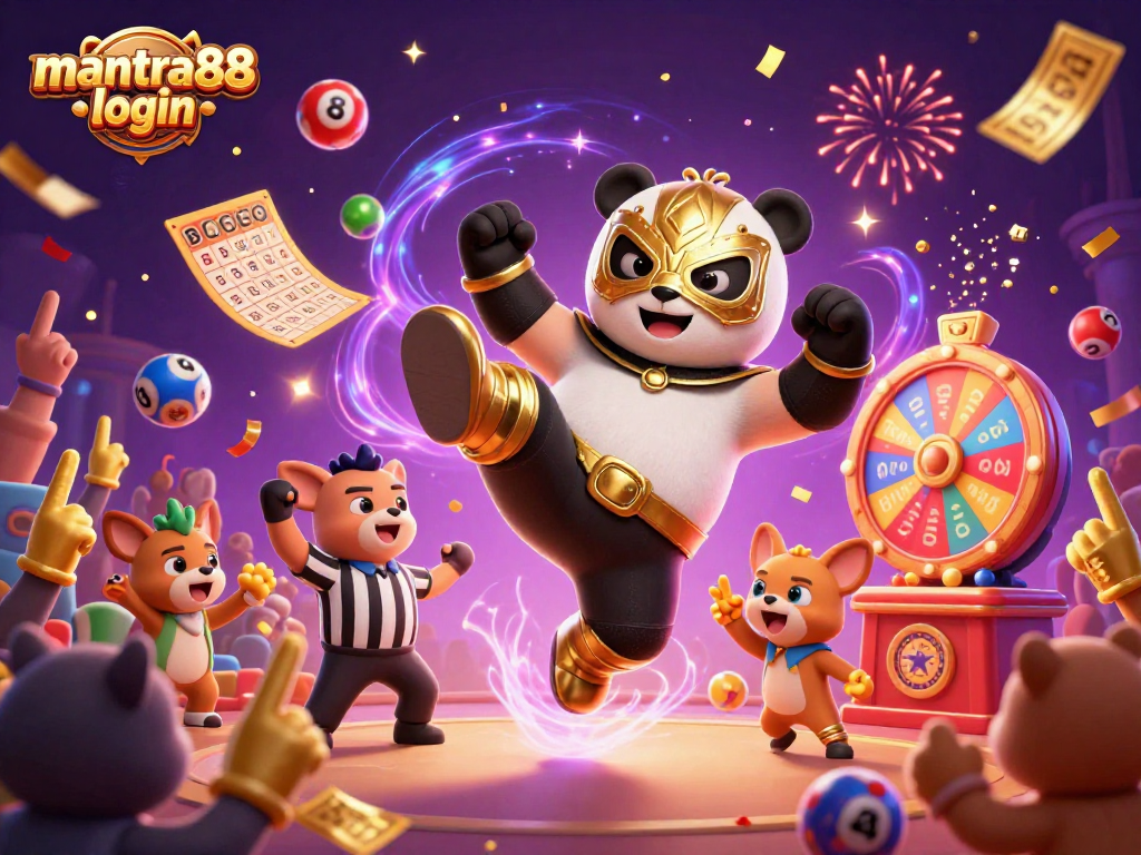 Engage with mantra88 login for thrilling gameplay, featuring a 3D panda wrestler and an exciting atmosphere.