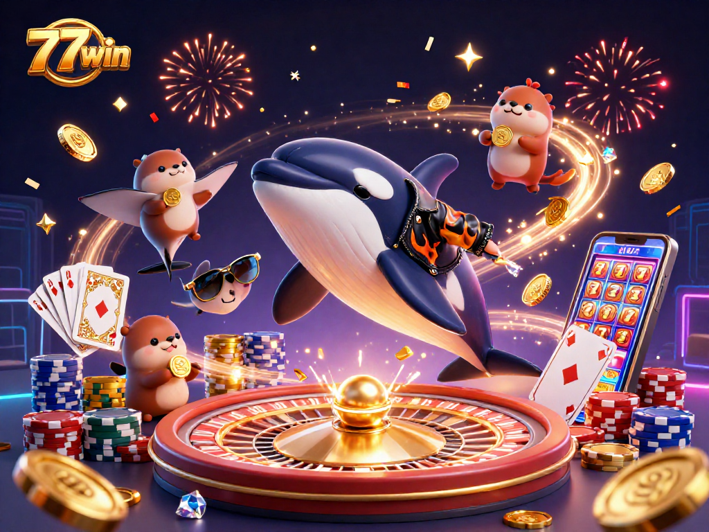 Experience 77win's thrilling atmosphere with a dynamic 3D scene of an orca, stingray, and sea otters amidst casino elements.