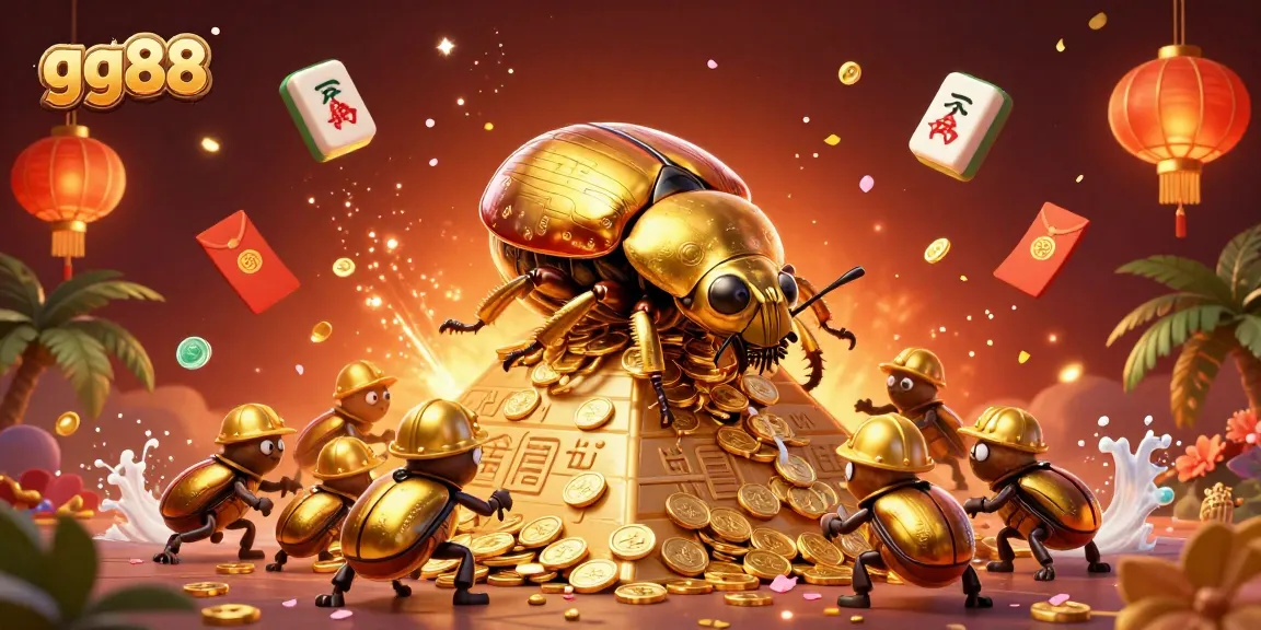 Experience thrilling gameplay at gg88 with golden beetles and casino elements in this vibrant illustration.