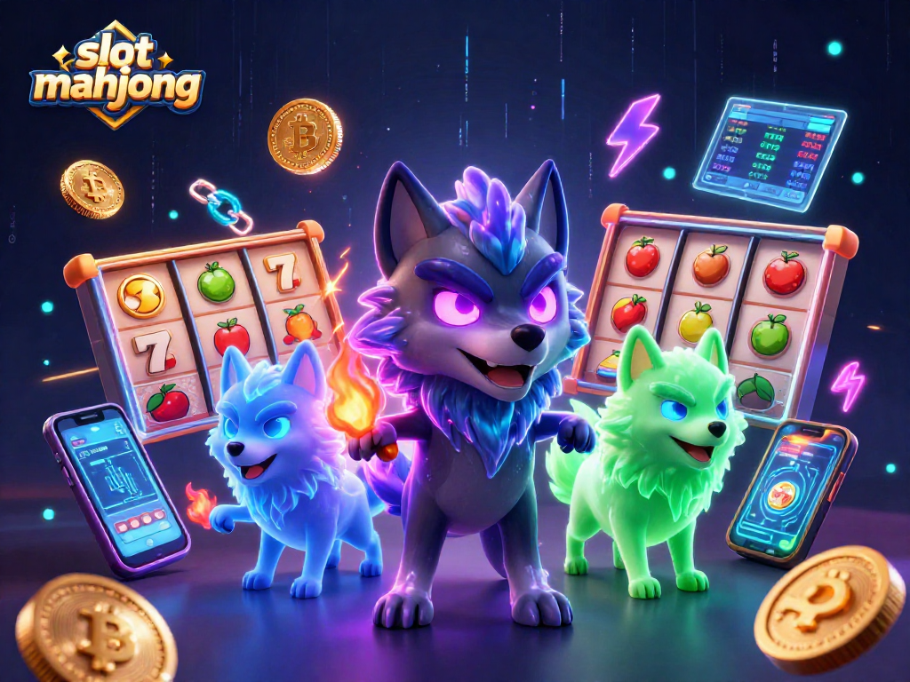 Experience slot mahjong excitement with vibrant 3D wolves and glowing crypto elements.