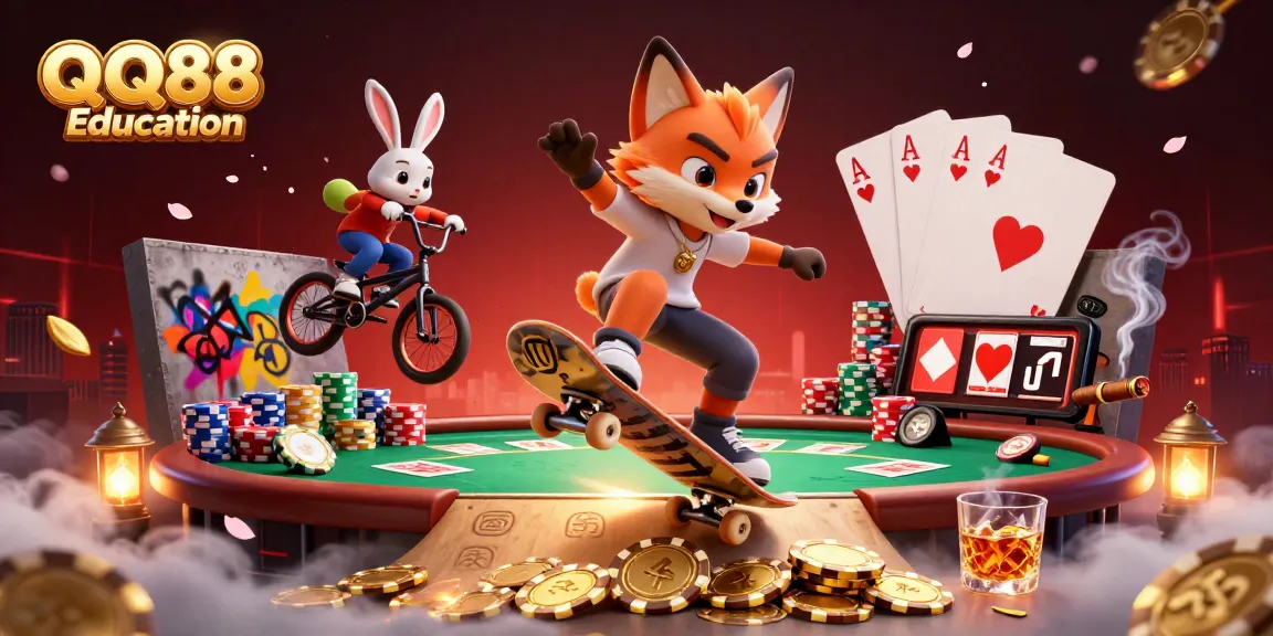 Experience the thrill of QQ88 Education with a vibrant casino scene featuring foxes and poker elements.
