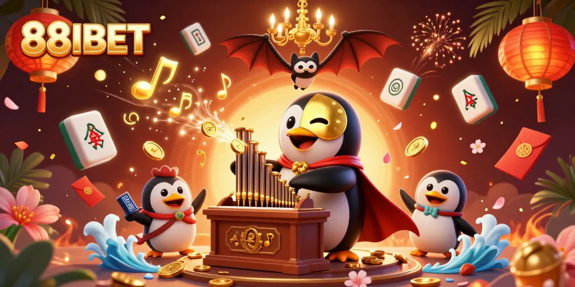Experience thrilling gaming action at 88IBET with a captivating 3D penguin organ player and gold elements.
