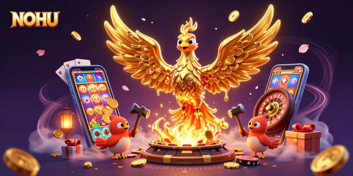 Engage with NOHU's exciting casino experience featuring a golden phoenix, games, and rewards.