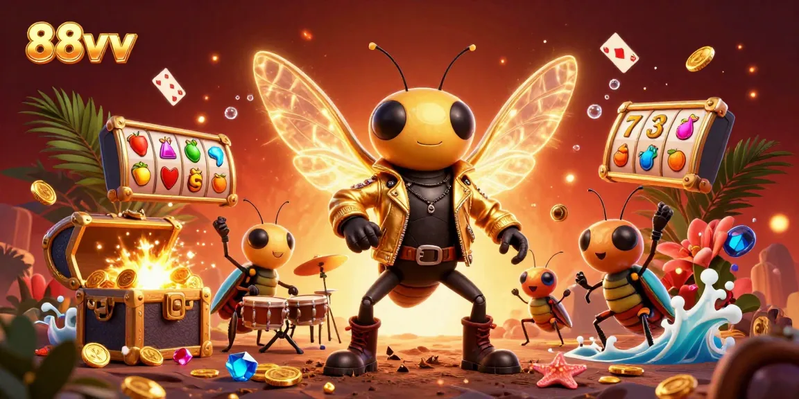 Experience thrilling gaming action with 88vv’s vibrant casino adventure featuring a rock star cicada amidst golden treasures.