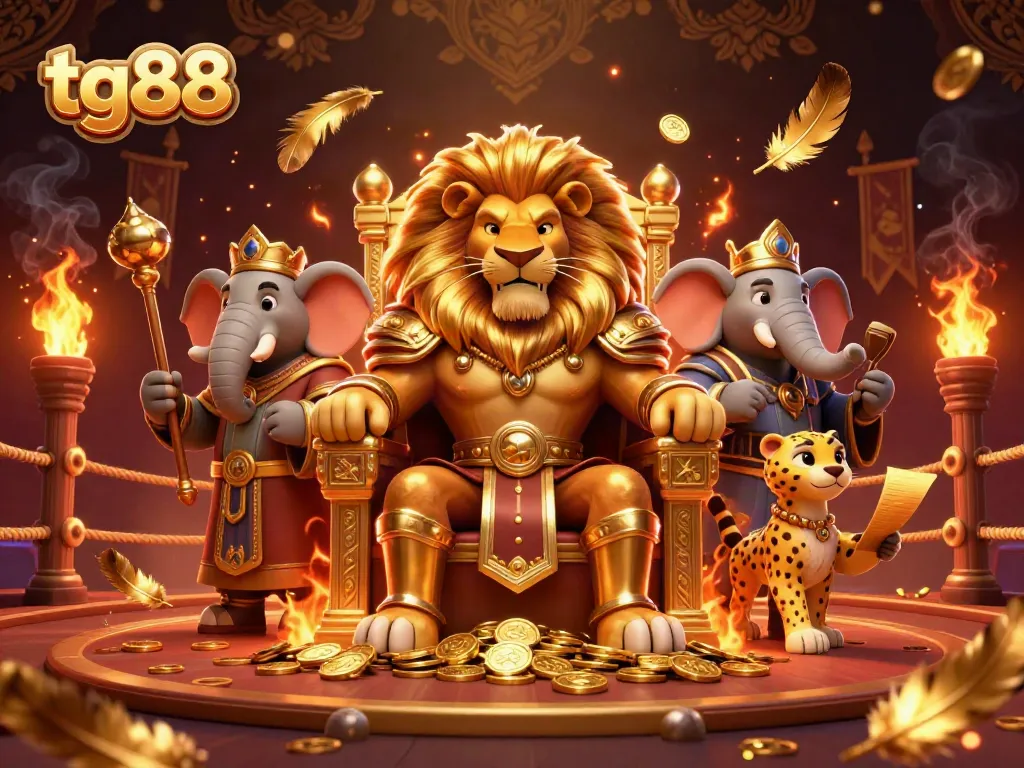 Engage with tg88's royal online casino adventure featuring a lion king and vibrant game elements.