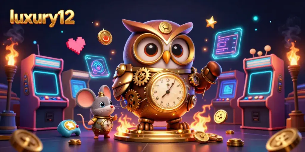 Experience luxury12 with a vibrant 3D depiction of a steampunk owl and casino elements.