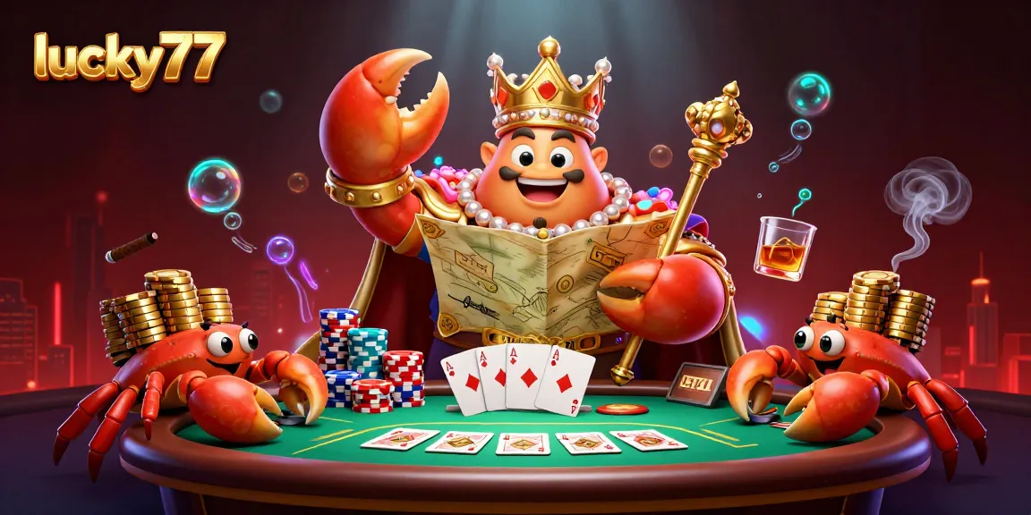 Join the lucky77 gaming adventure with a giant crab emperor at a vibrant poker table!