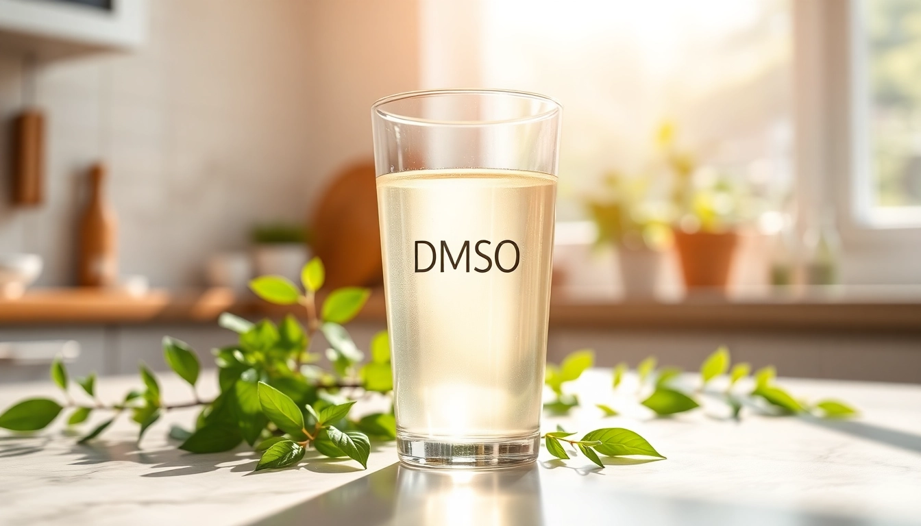Explore benefits of drinking dmso with a glass of DMSO surrounded by natural herbs.