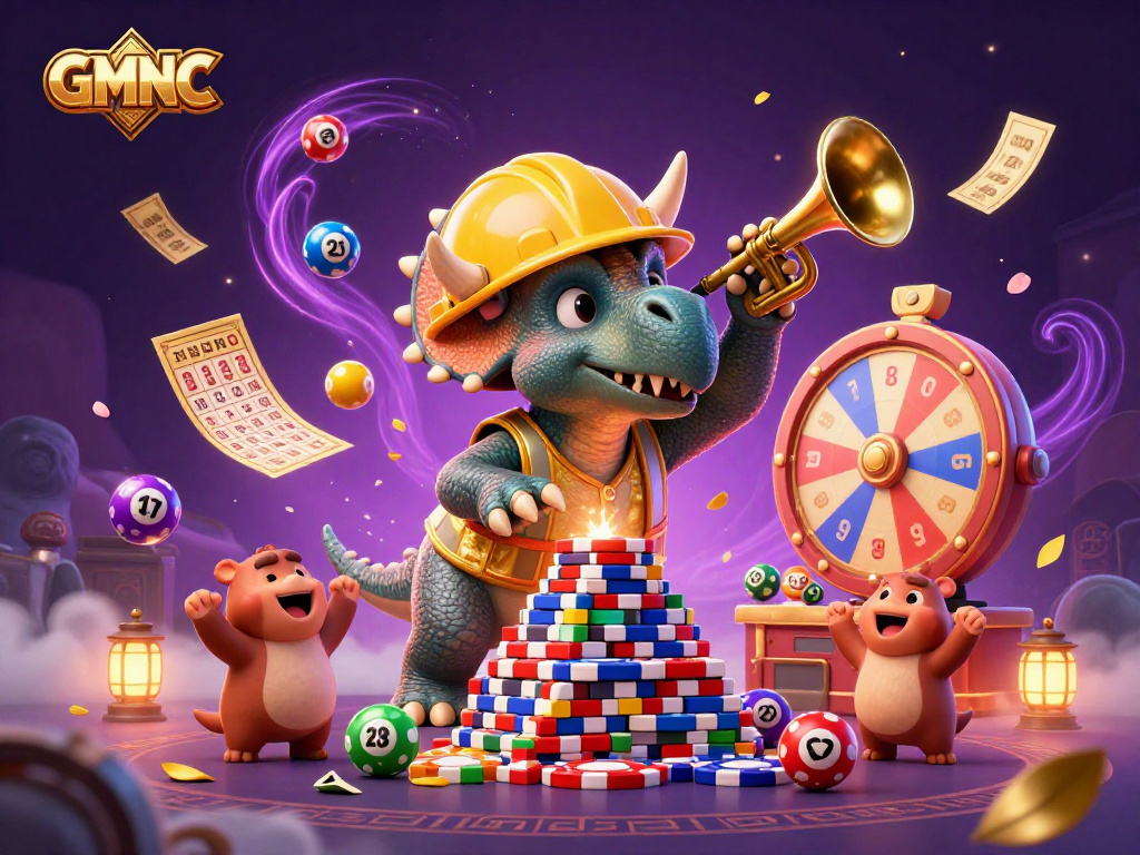 GMNC celebrates with a triceratops building poker chip pyramids amidst lottery excitement.