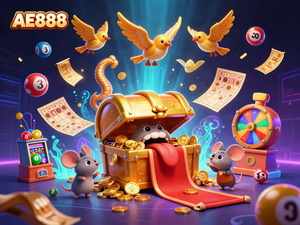 Join the excitement at AE888 with vibrant lottery elements and an interactive treasure scene.
