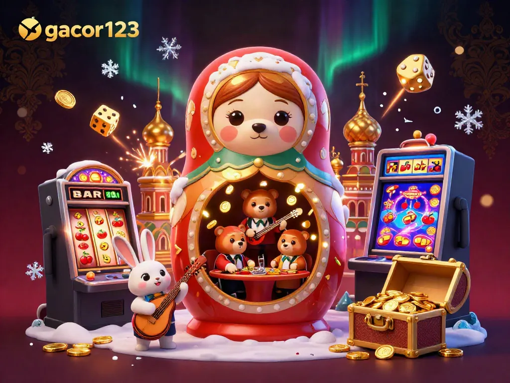 Experience winning excitement with gacor123 in a vibrant casino slot scene featuring joyous characters and rich game elements.